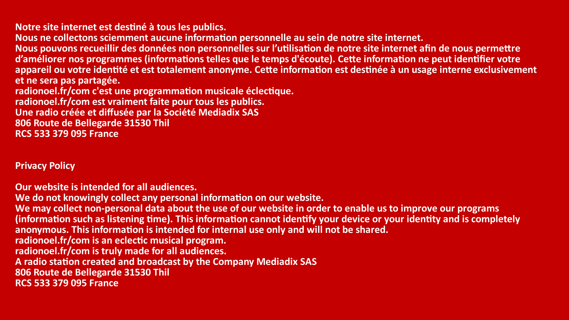 Mentions légales de Radio Noël Sans Pub